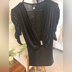 Elegant Black Draped Back Dress with Pearl Accent